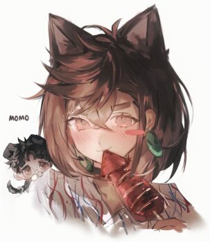 1boy 1girl animal_ears ayase_momo black_choker black_hair blush blush_stickers cat cat_ears character_name choker closed_mouth commentary crossed_bangs dandadan de557777 dog_ears dog_tail earrings eating food glasses hair_between_eyes height_difference highres holding holding_food ikayaki japanese_clothes jewelry kimono looking_at_viewer mini_person miniboy on_shoulder round_eyewear short_hair simple_background smile squid symbol-only_commentary tail takakura_ken_(dandadan) thick_eyebrows white_kimono