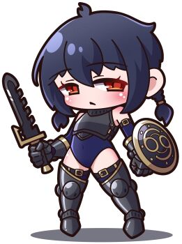 Rule 34 | 1girl, absurdres, armor, armored boots, bare shoulders, black hair, blue leotard, blue thighhighs, blush, boots, breastplate, buckler, cancer (symbol), chainsword, chibi, closed mouth, commentary request, covered navel, full body, gauntlets, hair between eyes, highres, holding, holding sword, holding weapon, leotard, long hair, looking at viewer, original, red eyes, saishosaisekojo, shadow, shield, simple background, solo, standing, sword, thigh boots, thighhighs, weapon, white background