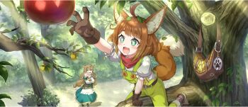 +_+ 2girls ahoge amy_(konosuba) animal_ear_fluff animal_ears apple arm_support bag bandana bandana_around_neck blush brown_eyes brown_gloves brown_hair child dappled_sunlight day drooling fang food forest fruit game_cg gloves green_eyes green_overalls green_skirt highres in_tree kono_subarashii_sekai_ni_shukufuku_wo! konosuba!_fantastic_days leaf leaf_on_head light_rays long_hair long_skirt looking_at_another looking_up low_twintails medium_hair miia_(konosuba) multiple_girls nature official_art open_mouth outdoors outstretched_arm overalls reaching red_bandana shirt short_sleeves sidelocks skirt sunbeam sunlight sweater swept_bangs tail tree twintails white_shirt white_sweater