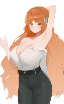 1girl absurdres arm_behind_head arm_up armpits belt belt_buckle black_belt black_pants blush bow breasts buckle cleavage closed_mouth commentary_request glg green_eyes hair_bow high-waist_pants highres ishmael_(project_moon) korean_commentary large_breasts limbus_company long_hair looking_at_viewer orange_hair pants project_moon shirt shirt_partially_removed shirt_tucked_in simple_background solo white_background white_bow white_shirt