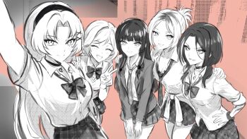 alice_(bubblebebe) bow bowtie bra bra_peek bubblebebe bubblebebe_(artist) choker eve_(bubblebebe) headband indie_virtual_youtuber jacket jenni_(bubblebebe) jewelry long_hair mole mole_under_eye mole_under_mouth necklace necktie pink_background rei_(bubblebebe) selfie simple_background sketch tied_jacket underwear wolf_cut