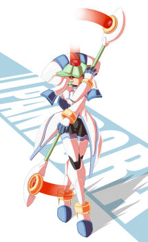 1girl absurdres black_bodysuit bodysuit character_name coat forehead_jewel full_body green_hair helmet highres holding holding_staff light_trail mega_man_(series) mega_man_zx model_w_(mega_man) official_alternate_design pandora_(mega_man) prototype_design red_eyes sf2250 simple_background solo staff white_background white_coat white_helmet