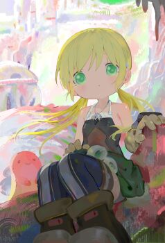 1girl absurdres blonde_hair blue_thighhighs brown_shoes creature deformed dress gloves green_dress green_eyes highres kou_koufu looking_at_viewer low_twintails made_in_abyss riko_(made_in_abyss) shoes sitting solo thighhighs twintails