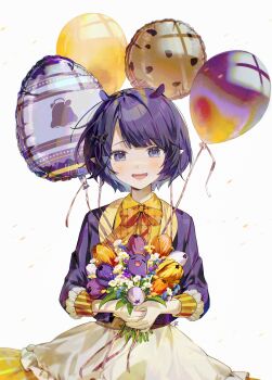 1girl absurdres alternate_costume ani_019 balloon blue_eyes bouquet commentary cookie_print english_commentary fang flower food_print highres holding holding_bouquet hololive hololive_english jacket looking_at_viewer ninomae_ina&#039;nis open_mouth orange_ribbon pointy_ears purple_hair purple_jacket ribbon shirt short_hair simple_background skirt takodachi_(ninomae_ina&#039;nis) virtual_youtuber white_background white_skirt yellow_shirt