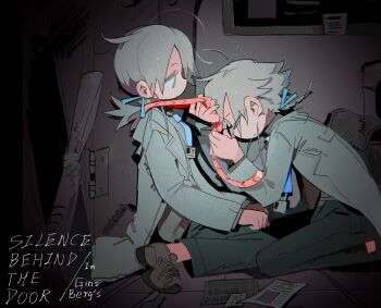 1boy 1girl blue_necktie blue_ribbon brown_shoes closed_eyes expressionless from_side glasses grey_eyes grey_hair hair_ribbon heel_up highres holding holding_rope id_card indoors lab_coat lanyard long_sleeves looking_at_another low_ponytail mk1liaoqian necktie noose on_floor original pants paper ponytail profile rattail ribbon rope sad shoes short_hair sitting wariza