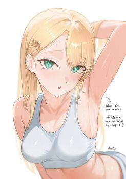 1girl absurdres arm_behind_head arm_up armpit_crease armpits asymmetrical_bangs bare_shoulders blonde_hair blush breasts collarbone commentary diptip english_commentary english_text green_eyes grey_sports_bra hair_ornament hairclip highres leaning_forward long_hair looking_at_viewer medium_breasts navel open_mouth original presenting_armpit solo sports_bra sweat tilda_(diptip)