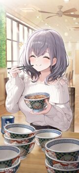 1girl bowl chopsticks closed_eyes closed_mouth commentary_request eating grey_hair hand_up happy highres holding holding_bowl holding_chopsticks hololive indoors long_sleeves medium_hair official_art oli_o_o shirogane_noel sitting smile solo sweater virtual_youtuber white_sweater