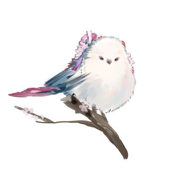 animal_focus animalization arknights beak bird branch chinese_commentary commentary_request dadijiji flower full_body long-tailed_tit mio_(arknights) multicolored_feathers no_humans on_branch simple_background tit_(bird) white_background