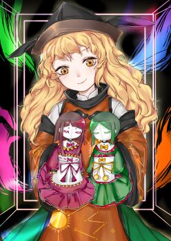 Rule 34 | 1girl, absurdres, black hat, blonde hair, character doll, closed mouth, commentary request, cowboy shot, detached sleeves, doll, green skirt, hand puppet, hat, head tilt, heib, highres, long hair, long sleeves, looking at object, matara okina, orange tabard, puppet, shirt, short bangs, skirt, smile, solo, standing, tabard, teireida mai, touhou, white shirt, yatadera narumi, yellow eyes
