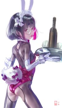 1=2 1girl animal_ears ass black_hair bodystocking bottle bow breasts colored_inner_hair cowboy_shot crotchless cup detached_collar drinking_glass earrings elbow_gloves fake_animal_ears female_focus flat_ass from_behind glass gloves hair_bow hands_up highres hikimayu holding holding_tray jewelry leotard loli looking_at_viewer multicolored_hair original pink_bow pink_eyes pink_hair pink_leotard pink_lips rabbit_ears rabbit_tail round_eyewear short_hair simple_background small_breasts solo standing strapless strapless_leotard streaked_hair stud_earrings tail tail_bow tail_ornament torn_clothes tray watermark white_background white_bow white_gloves wine_bottle wrist_cuffs