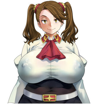 1girl ascot belt breasts brown_hair covered_erect_nipples covered_navel gundam gundam_build_fighters gundam_build_fighters_try hair_ornament huge_breasts lips medium_hair no_bra plump sazaki_kaoruko school_uniform shirt shoumaru_(gadget_box) smile solo standing tight_clothes twintails white_background yellow_eyes