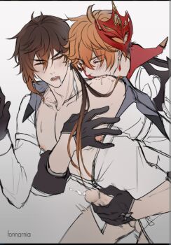 2boys bite_mark bite_marks blush cum drooling ejaculation fonnarnia genshin_impact hand_on_another&#039;s_chest handjob highres kissing_shoulder multiple_boys saliva tartaglia_(genshin_impact) white_background yaoi zhongli_(genshin_impact)