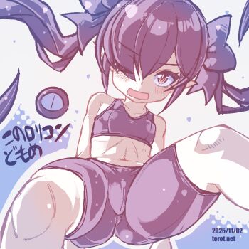 1girl backbeako_(torotei) backbeard bike_shorts black_bra black_hair black_ribbon black_shorts blue_background blush bra breasts cameltoe commentary covered_anus dated dated_commentary eyes_visible_through_hair feet_out_of_frame gegege_no_kitarou hair_over_one_eye hair_ribbon kono_lolicon_domome loli long_hair looking_at_viewer one_eye_closed open_mouth original paid_reward_available pointy_ears rectangular_mouth red_eyes ribbon ringed_eyes shorts simple_background small_breasts solo sports_bra stomach torotei translated twintails underwear very_long_hair watermark web_address white_background