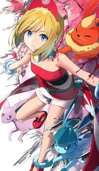 1girl blonde_hair blue_eyes commentary espeon flareon full_body gen_1_pokemon gen_2_pokemon gen_4_pokemon glaceon highres irida_(pokemon) light_smile liquid looking_at_viewer nintendo noeru pokemon pokemon_(creature) pokemon_legends:_arceus shirt short_hair shorts solo_focus strapless strapless_shirt waist_cape white_shorts