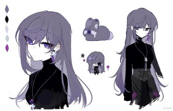 Rule 34 | 1girl, animalization, artist name, asahina mafuyu, black skirt, black sweater, breasts, chibi, closed mouth, color guide, commentary request, corset, cropped arms, cropped torso, dripping eye, earrings, empty eyes, expressionless, flower earrings, grey corset, highres, inktiger156721, jewelry, layered skirt, long hair, long necklace, medium breasts, multiple views, necklace, no eyebrows, no mouth, no nose, official alternate costume, official alternate hair length, official alternate hairstyle, project sekai, purple eyes, purple hair, rabbit, single eyebrow, skirt, solo, soshite hari wa ugokidasu (project sekai), star (symbol), sweater, turtleneck, turtleneck sweater, upper body, white background