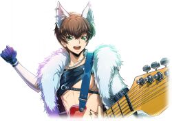 Rule 34 | 1boy, animal ears, artist request, black gloves, black shirt, brown hair, chain, chain necklace, coat, code geass, code geass: lost stories, collarbone, crop top, cropped torso, earrings, fur coat, game cg, gloves, green eyes, guitar, hair between eyes, hand up, happy, holding, holding guitar, holding instrument, holding plectrum, instrument, jewelry, kururugi suzaku, long sleeves, looking at viewer, male focus, multiple earrings, music, necklace, non-web source, official art, open clothes, open coat, open mouth, pectorals, playing instrument, plectrum, shirt, short hair, sidelocks, simple background, single sleeve, smile, solo, standing, stomach tattoo, stud earrings, sweat, tattoo, teeth, toned, transparent background, upper body, white coat, wolf boy, wolf ears