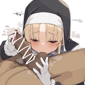 1boy 1girl absurdres blonde_hair blush closed_eyes clothed_female_nude_male erection gloves handjob heart hetero highres japanese_text kia_0088 long_hair male_pubic_hair nijisanji nude nun oral penis pubic_hair sister_claire sister_claire_(1st_costume) steam testicle_sucking tongue tongue_out veins veiny_penis virtual_youtuber