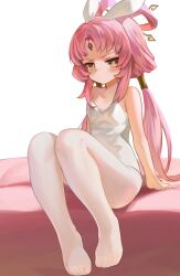 Rule 34 | 1girl, animal ears, bare arms, bare shoulders, blush, breasts, brown eyes, closed mouth, commentary request, dokomon, fake animal ears, forehead jewel, fu xuan (honkai: star rail), hair rings, hairband, highres, honkai: star rail, honkai (series), knees up, korean commentary, leotard, long hair, looking at viewer, low twintails, no shoes, pantyhose, parted bangs, pink hair, playboy bunny, rabbit ears, simple background, sitting, small breasts, solo, strapless, strapless leotard, twintails, v-shaped eyebrows, very long hair, white background, white hairband, white leotard, white pantyhose