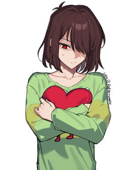 Rule 34 | 1other, brown hair, commentary, deltanoodle, deltarune, english commentary, green sweater, hair over one eye, heart, highres, holding, holding heart, humanized skin color, kris (deltarune), long sleeves, other focus, red eyes, short hair, signature, single horizontal stripe, soul (deltarune), sweater, upper body, utdr (toby fox), white background