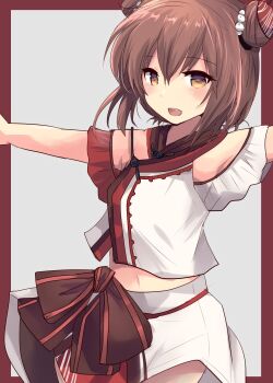1girl absurdres bow brown_bow brown_eyes brown_hair chinese_clothes commentary_request double_bun grey_background hair_bun highres hirune_(konekonelkk) kantai_collection multicolored_shirt official_alternate_costume open_mouth outstretched_arms shirt short_hair skirt smile solo t-pose tan_yang_(kancolle) tan_yang_(summer)_(kancolle) white_shirt white_skirt yukikaze_(kancolle)