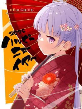 1girl 2026 blush border chuutaro_metal commentary_request english_text floral_print flower hair_flower hair_ornament japanese_clothes kimono long_hair new_game! new_year outside_border purple_eyes purple_hair smile solo suzukaze_aoba twintails white_border