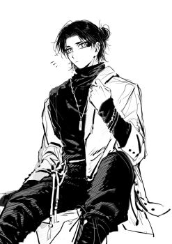 1boy bracelet_over_sleeve chain chain_bracelet commentary feet_out_of_frame greyscale highres invisible_chair jacket jewelry kagurabachi layered_sleeves long_sleeves looking_at_viewer male_focus monochrome necklace notice_lines open_clothes open_jacket pants parted_bangs qingyao_u3u short_eyebrows short_hair short_over_long_sleeves short_sleeves simple_background single_off_shoulder sitting solo symbol-only_commentary turtleneck uruha_youji