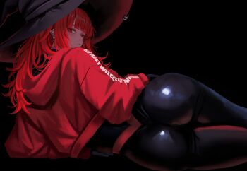 1girl ass black_background black_hat black_pants hat highres jacket long_hair looking_at_viewer looking_back lying on_side original pants red_eyes red_hair red_jacket solo val_(yan_kodiac) witch_hat yan_kodiac