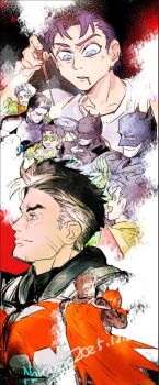 abraxas aged_up bat_signal batman batman_(series) batman_symbol black_bodysuit black_hair bodysuit bruce_wayne chinese_commentary commentary_request dc_comics domino_mask eye_mask gloves grey_bodysuit jason_todd male_focus mask multicolored_bodysuit multiple_boys multiple_persona muscular red_hood_(dc)