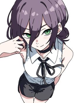 1girl black_choker black_ribbon black_shorts chainsaw_man choker closed_mouth green_eyes hair_between_eyes hair_bun highres neck_ribbon pioartstuff purple_hair reze_(chainsaw_man) ribbon shirt shirt_tucked_in shorts simple_background sleeveless sleeveless_shirt smile solo white_background white_shirt