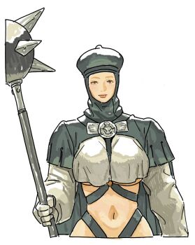 1girl blonde_hair breast_curtain breasts cape chest_harness crop_top gloves harness headdress holding holding_weapon large_breasts looking_at_viewer mace navel nun original pink_eyes poritive spiked_mace spikes underboob weapon white_background