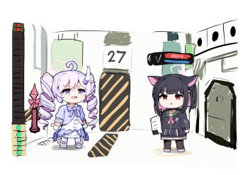 Rule 34 | 2girls, animal ears, black hair, black jacket, blue archive, cat ears, chibi, commentary request, gameplay mechanics, halo, jacket, kazusa (blue archive), lobotomy corporation, multicolored hair, multiple girls, pantyhose, pink hair, project moon, queen of hatred, reisa (blue archive), reisa (magical) (blue archive), se-u-ra