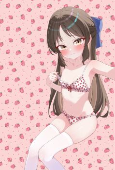 1girl absurdres blush bow bra brown_hair fella_(vpffk0731) food_print fruit_print highres idolmaster idolmaster_cinderella_girls loli long_hair panties print_panties solo strawberry_panties strawberry_print tachibana_arisu thighhighs underwear white_thighhighs
