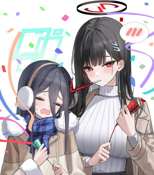 2girls absurdres aris_(blue_archive) black_hair blue_archive blue_scarf blush breasts bright_pupils closed_eyes confetti earmuffs green_halo hair_between_eyes hair_ornament hairclip halo highres holding large_breasts long_hair long_sleeves looking_at_viewer multiple_girls open_mouth party_popper red_eyes rio_(blue_archive) sab_(sab2500) scarf simple_background sweater turtleneck turtleneck_sweater upper_body white_background white_pupils white_sweater