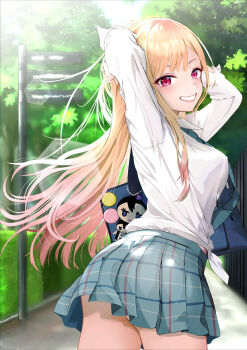 1girl :d absurdres arms_behind_head arms_up bag bag_charm blue_skirt blush breasts charm_(object) collared_shirt commentary_request cowboy_shot day from_behind gibun_(sozoshu) grin highres kitagawa_marin large_breasts lens_flare long_hair long_sleeves looking_at_viewer looking_back miniskirt nikaidou_shion open_mouth outdoors parted_lips path plaid_clothes plaid_skirt pleated_skirt red_eyes revision road school_bag school_uniform shirt skirt smile solo sono_bisque_doll_wa_koi_wo_suru sunlight teeth tree twisted_torso very_long_hair white_shirt