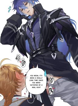 2boys absurdres aether_(genshin_impact) ahoge arm_armor belt black_belt black_gloves black_jacket black_shirt blonde_hair blue_hair blush braid censored commentary cowboy_shot english_commentary english_text flins_(genshin_impact) flying_sweatdrops genshin_impact gloves grey_pants hair_between_eyes half-closed_eyes hand_on_own_head hand_up handjob hands_up heart highres jacket long_hair long_sleeves looking_at_another looking_down male_focus motion_lines multiple_boys open_clothes open_jacket open_mouth open_pants oral pants penis pnk_crow purple_shirt scarf shirt short_sleeves simple_background single_braid speech_bubble standing sweat teeth white_background white_scarf yaoi yellow_eyes