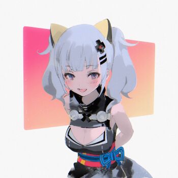 Rule 34 | 1girl, arms behind back, black kimono, blush, breasts, cleavage, cleavage cutout, clothing cutout, commentary, grey eyes, grey hair, highres, japanese clothes, kaguya luna, kimono, looking at viewer, open mouth, shiratsuyu mone, solo, untranslatable commentary, the moon studio, twintails, upper body