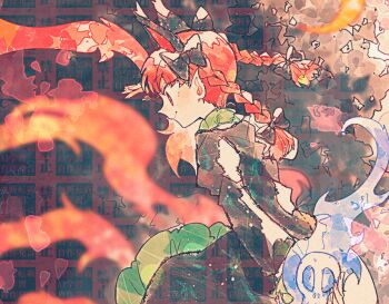 1girl animal_ears black_bow black_dress bow braid cat_ears closed_mouth commentary_request dress extra_ears from_side hair_bow itomugi-kun juliet_sleeves kaenbyou_rin long_sleeves medium_hair pointy_ears puffy_sleeves red_eyes red_hair side_braids smile solo touhou twin_braids