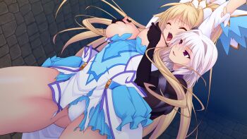 2girls arisia_hellioxenes arms_up bdsm black_gloves blonde_hair blue_dress blush breasts breasts_out closed_eyes dress dutch_angle elbow_gloves erika_la_etienne femdom game_cg gloves gluteal_fold grabbing_another&#039;s_breast grabbing_from_behind groping hair_intakes high_ponytail kourin_tenshi_en_ciel_rena large_breasts large_variant_set long_hair magical_girl multiple_girls nipple_stimulation nipple_tweak nipples non-web_source official_art open_mouth panties ponytail purple_eyes saitou_natsuki saliva short_dress short_hair suhamaya tongue torn_clothes torn_dress underwear variant_set very_long_hair white_dress white_hair white_panties wince yuri