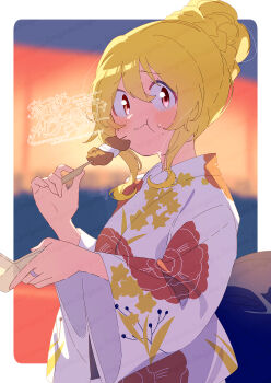 Rule 34 | 1girl, :t, blonde hair, blush, border, closed mouth, commentary request, floral print, floral print kimono, food, hair between eyes, hair bun, highres, holding, holding food, japanese clothes, kimono, long sleeves, looking at viewer, magia record: mahou shoujo madoka magica gaiden, mahou shoujo madoka magica, outside border, print kimono, red eyes, serizawa serizane, short hair, single hair bun, solo, togame momoko, upper body, watermark, white border, white kimono, wide sleeves