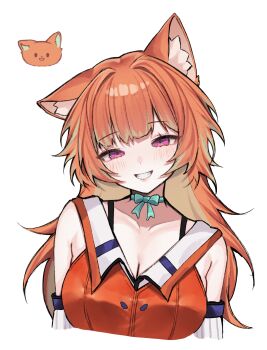 1girl absurdres animal_ear_fluff animal_ears bow bow_choker cat cat_ears cat_girl choker gradient_hair green_choker highres hololive hololive_english long_hair looking_at_viewer miclipse multicolored_hair orange_hair purple_eyes simple_background smile solo takanashi_kiara takanashi_kiara_(1st_costume) virtual_youtuber white_background