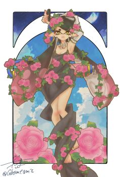 +_+ 1girl black_dress black_hair bow-shaped_hair callie_(splatoon) dress flower gbeimtama highres inkling long_hair mole mole_under_eye multicolored_hair nintendo object_on_head pink_flower pink_hair pointy_ears signature solo solo_focus splatoon_(series) splatoon_1 squid tentacle_hair