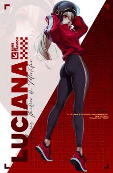 1girl absurdres ass bekus black_pants blonde_hair from_behind helmet highres jacket long_hair looking_at_viewer luciana_de_montefio pants red_eyes red_jacket shoes side_ponytail sneakers solo standing very_long_hair zenless_zone_zero