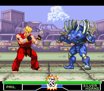 16-bit 16bit 1990s_(style) 2boys alien bandai blonde_hair blue_skin cars colored_skin fan-made fan_made fighting_game game_console health_bar horns health_bar lowres mighty_morphin_power_rangers mighty_morphin_power_rangers_the_fighting_edition monster multiple_boys namco paul_phoenix power_rangers retro_artstyle saban_entertainment silver_horns snes super_nintendo tekken tick timer