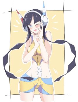 Rule 34 | 1girl, ;d, absurdres, black hair, blue eyes, blue shorts, blush, border, breasts, cowboy shot, crop top, elesa (pokemon), female focus, groin, gym leader, hands on own face, headphones, highres, hime cut, long hair, looking at viewer, medium breasts, midriff, nintendo, one eye closed, open mouth, pokemon, pokemon bw2, revealing clothes, shirt, shorts, simple background, sleeveless, sleeveless shirt, smile, solo, standing, twintails, very long hair, yellow background, yellow shorts, yuki nagisaa