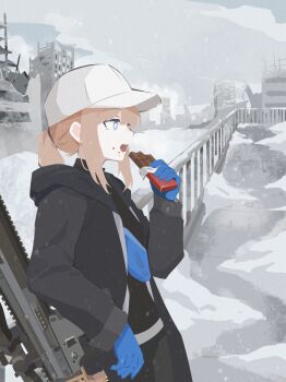 1girl absurdres baseball_cap black_jacket blonde_hair blue_eyes blue_gloves candy chocolate chocolate_bar commentary cowboy_shot day eating english_commentary food food_on_face girls'_frontline gloves hat highres jacket long_hair long_sleeves open_mouth outdoors ponytail ruins scar-h_(girls'_frontline) scope shell_81mm snow solo standing white_hat