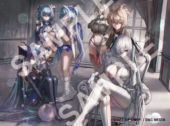 6+girls abe_(nikke) bodysuit cinderella_(nikke) covered_navel goddess_of_victory:_nikke gretel_(nikke) hair_over_one_eye hansel_(nikke) highres jindogod little_mermaid_(nikke) multiple_girls official_art old_tales_(nikke) one_eye_covered red_eyes red_shoes_(nikke) sample_watermark tagme watermark white_bodysuit yellow_eyes
