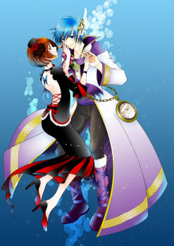 1boy 1girl air_bubble backless_dress backless_outfit blue_background blue_eyes blue_hair bob_cut boots brown_eyes brown_hair bubble butterfly_tattoo choker coat dress fingernails flower frilled_sleeves frills hand_on_another&#039;s_face hat hat_rose high_heels highres hobble_dress huge_watch kaito_(vocaloid) long_dress looking_at_another lovers_suicide_oblivion_(vocaloid) meiko_(lorelei)_(vocaloid) meiko_(vocaloid) mini_hat nail_polish palms_together pocket_watch project_diva_(series) project_diva_extend red_nails rose short_hair tattoo underwater vocaloid watch wristband yamato_(orange_rain)