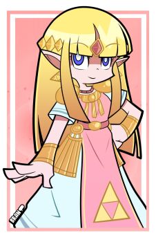 1girl armor belt blonde_hair blue_eyes blunt_bangs bracer brandon_blackburn commentary dress english_commentary gradient_hair hand_on_own_hip highres jewelry looking_at_viewer multicolored_hair necklace nintendo panty_&amp;_stocking_with_garterbelt_(style) pink_background pointy_ears princess_zelda short_sleeves shoulder_armor sidelocks signature smile solo the_legend_of_zelda the_legend_of_zelda:_a_link_to_the_past tiara triforce_print white_dress