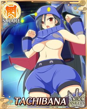 Rule 34 | 1girl, :o, airplane wing, black hair, border, breasts, card (medium), character name, cleavage, cosplay, english text, fake horns, fake wings, flexing, game cg, helmet, horned helmet, horns, large breasts, long hair, looking at viewer, mecha, navel, official alternate costume, official art, puffy shorts, red eyes, robot, senran kagura, senran kagura new wave, shorts, solo, swept bangs, tachibana (senran kagura), underboob, very long hair, wings
