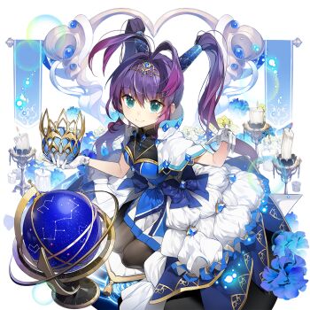 1girl antenna_hair aqua_eyes black_pantyhose breasts candle commentary_request dress globe gradient_hair hair_between_eyes large_breasts long_hair multicolored_hair pantyhose pink_hair purple_hair ruka_fuuun sitting sukja twintails uchi_no_hime-sama_ga_ichiban_kawaii